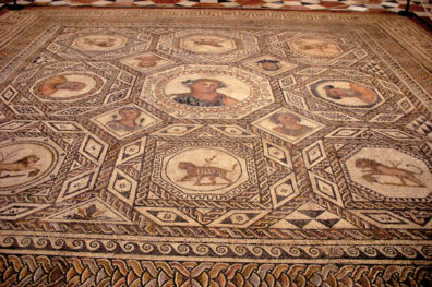 SEVILLA: Mosaic floor with human busts, lions, and tigers at the Sevilla Archaelogical Museum
