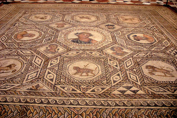SEVILLA: Mosaic floor with human busts, lions, and tigers at the Sevilla Archaelogical Museum