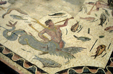 SEVILLA: Detail of a Winged Hippocampus blowing a trumpet, from a mosaic in the Sevilla Regional Archaelogical Museum.
