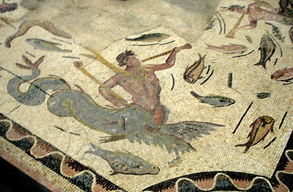 SEVILLA: Detail of a Winged Hippocampus blowing a trumpet, from a mosaic in the Sevilla Regional Archaelogical Museum.