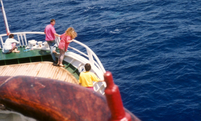 AEGEAN SEA: June 2 the boat from Naxos to Amorgos took us across an Aegean Sea that was really this color. See the fleck of white foam the people are looking at? A dolphin had just plunged back down after surfacing there. We were escorted to Amorgos by dozens of them.