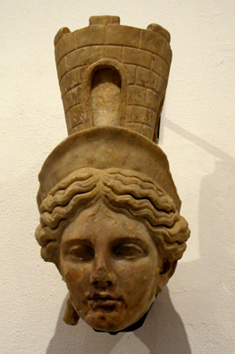 SEVILLA: From the reign of Hadrian the goddess Fortuna, depicted traditionally with a walled city on her head.(117-138 CE). In the Sevilla Archaelogical Museum.