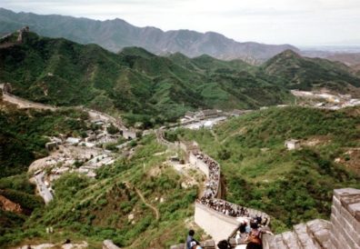 GREAT WALL: View from the Great Wall. There is only a short stretch open to the public, and an even shorter stretch actually attracts many hikers. This section is not actually ancient. Though it is often implied that it has some connection with the wall built by the First Emperor, it actually dates only from the 14th century. It is also not true that it's visible from space, as is often claimed. But it's still impressive.