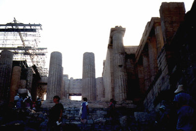 ATHENS: The entrance to the Acropolis, as we first saw it. The scaffolding lent an eerie postmodern touch.