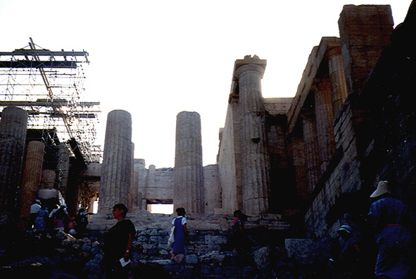 ATHENS: The entrance to the Acropolis, as we first saw it. The scaffolding lent an eerie postmodern touch.