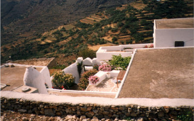 AMORGOS: Catherine's house in Langatha, viewed from above. Note the traditional painted design on the patio.