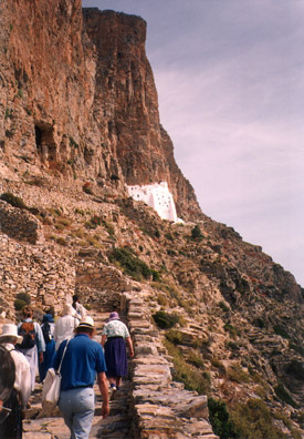 AMORGOS: On June 4 we took a van to the Monastery of Panagia Hozoviotissa (Grace of the Virgin) at the other end of the island, pinned high against a cliff.