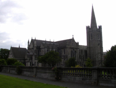 DUBLIN, ST. PATRICK'S CATHEDRAL: Overwhelmingly Catholic Dublin has two Protestant cathedrals, the most famous of which is St. Patricks, where we headed to hear the choir perform Friday Evensong (hence the dusky lighting in this picture). The building originated in the 12th or 13th century as a Catholic church, of course; but the fanatically Protestant Cromwell desecrated it by stabling his horses in it, and it was later appropriated for Protestant services, and so it remains, like many of Ireland's churches.