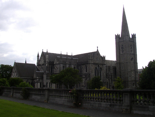 DUBLIN, ST. PATRICK'S CATHEDRAL: Overwhelmingly Catholic Dublin has two Protestant cathedrals, the most famous of which is St. Patricks, where we headed to hear the choir perform Friday Evensong (hence the dusky lighting in this picture). The building originated in the 12th or 13th century as a Catholic church, of course; but the fanatically Protestant Cromwell desecrated it by stabling his horses in it, and it was later appropriated for Protestant services, and so it remains, like many of Ireland's churches.