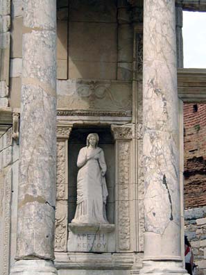 EPHESUS: Replicas of statues representing various qualities ornament the facade. This depicts Arete ("Virtue").