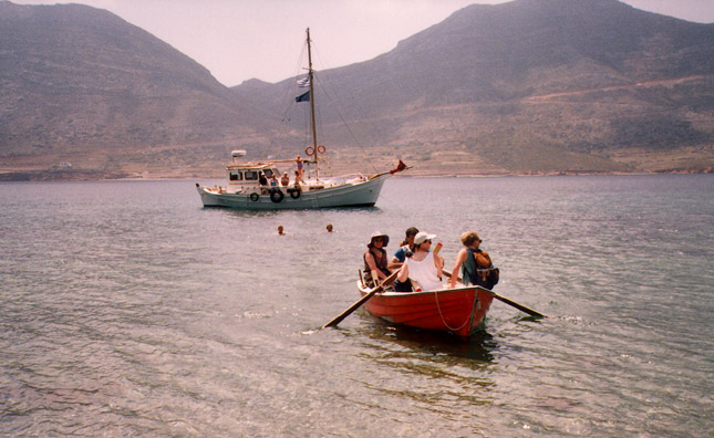 AMORGOS: June 5. Declining a sail around the island (too hot and boring), we instead took a caique to the deserted island in the harbor for a day of serious swimming and beaching.