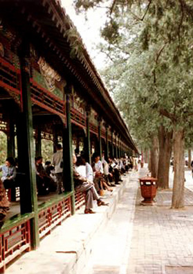 SUMMER PALACE: The world's longest covered walkway, connecting buildings in the Summer Palace, intricately painted with pictorial designs, often displaying Western influence, European perspective.