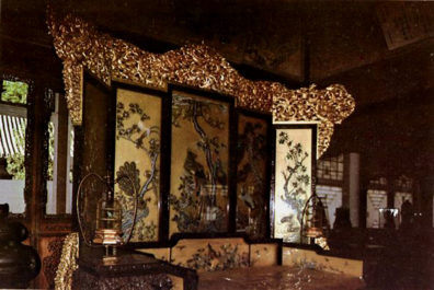 SUMMER PALACE: Throne in Hall of Ease and Joy, from which the Empress Dowager watched Beijing opera. (commercial postcard.)