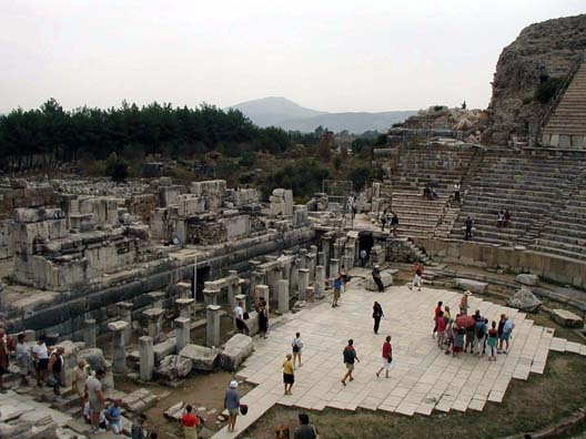 EPHESUS: The vast theater at Ephesus is not only an impressive monument in itself, still used for concerts and other performances, but also features in a notable episode in the Biblical book of Acts (19:23-41). Supposedly local silversmiths who made their living creating images of Cybele ("Diana of the Ephesians") felt threatened by Paul's success in converting people to Christianity, robbing them of potential customers. Faced with their protest, he decided not to speak at the theater.
