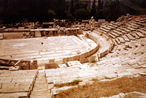 ATHENS: June 8, after sleeping in, we found the Theater of Dionysus (with some difficulty--it wasn't prominently marked). This is the site where the Greeks developed drama out of the traditional Bacchic choral songs.