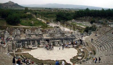 EPHESUS: From the top of the seating you get a fine view of the scaena and the column-lined road leading to what used to be the harbor before it silted up.