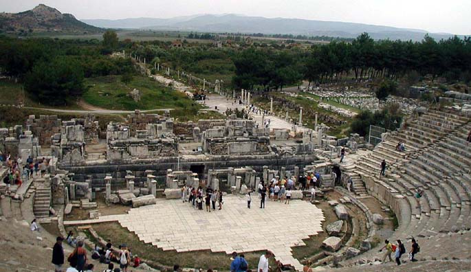 EPHESUS: From the top of the seating you get a fine view of the scaena and the column-lined road leading to what used to be the harbor before it silted up.