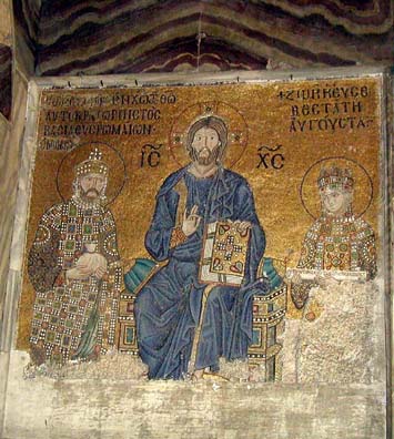 HAGIA SOPHIA: Mosaic of Empress Zoe (1028-1050) and her third husband, Constantine IX Monomachus (1042-1055) surrounding Christ, commemorating their gifts to the church. She holds a list of donations and the emperor, a bag of gold. It is thought that the mosaic was originally commissioned by Zoe's first husband, Romanus II Argyrus (1028-1034), who paid for extensive repairs to the church. Evidently his head and name were replaced with those of her two successors, both of whom married the royal widow. This is the Zoe after whom our hotel was named.