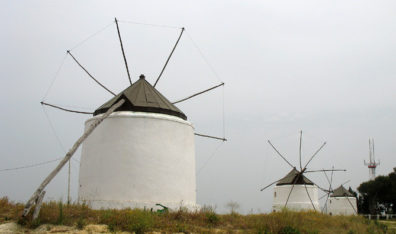 VEJER DE LA FRONTERA: Three old windmills, restored as a tourist attraction. In the background, the local broadcasting tower.