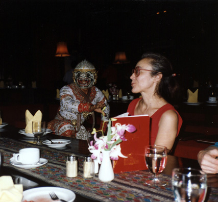 After spending the incredible Bangkok rush hour stuck in traffic, some of us some of us attended a rather touristy dinner-and-dance show at Silom Village. Dancer portraying Hanuman, the monkey-king of the Ramayana, teasing Marina Tolmacheva.