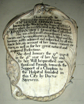 DUBLIN, ST. PATRICK'S CATHEDRAL: Beside it is this plaque to Esther Johnson, Swift's beloved "Stella" about whom he wrote some of his finest poems.