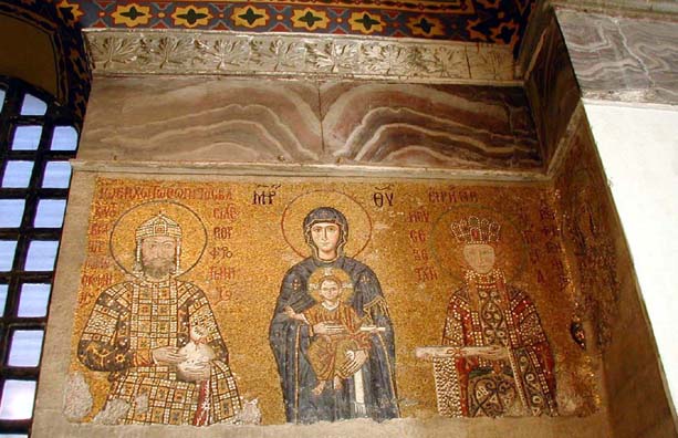 HAGIA SOPHIA: Virgin and Child between Emperor John II Comnenus (1118-1143) and his wife Irene in the same pose as the Empress Zoe mosaic just opposite it.