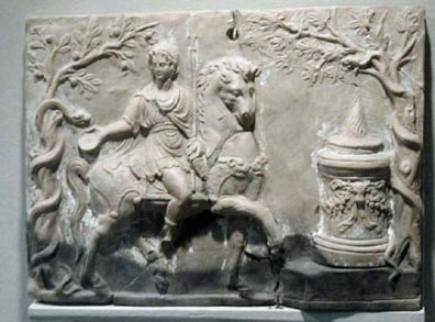 SELÇUK MUSEUM: This image shows the feeding of a sacred snake (pinax) by Hermes, holding his sacred wand (caduceus). Note the flame on the sacrificial altar to the right.