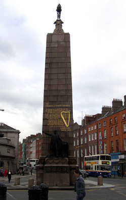 DUBLIN: O'Connell Street, where much of the city's main shopping district and several important public buildings lie, was being worked on extensively while we were there. Its length is punctuated by various sculptures, including the Parnell Monument to the famous nationalist leader Charles Stewart Parnell, familiar to Joyce readers from an early scene in which the Dedalus family's Christmas is spoiled by a vehement argument over the scandal which led to his downfall.
