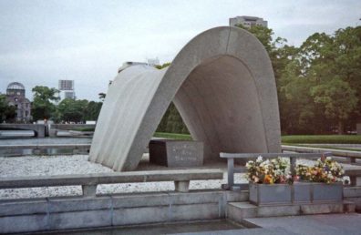 HIROSHIMA: This monument, The Peace Arch, lists all the names of the known victims. It is acknowledged that for decades the enslaved Koreans who died were ignored at the site; but their deaths are now honored alongside those of their captors. In the background at left, the "atomic bomb dome." May 17, 1998