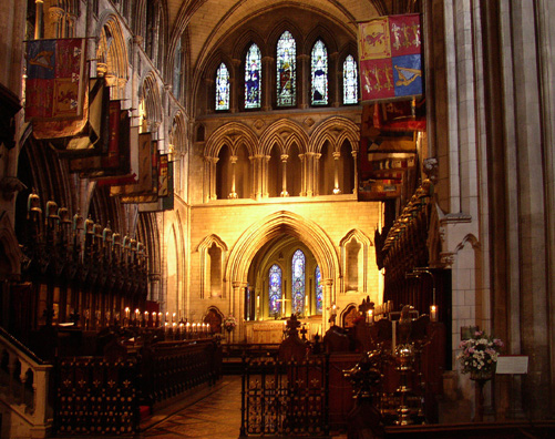 DUBLIN, ST. PATRICK'S CATHEDRAL: We couldn't take pictures during Evensong, but here's the choir and altar just afterward, with the candles still lit.