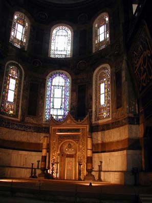 HAGIA SOPHIA:When Hagia Sophia was converted into a mosque, an elaborate mihrab indicating the direction worshippers should pray to face Mecca was erected at a slight angle to the church altar.