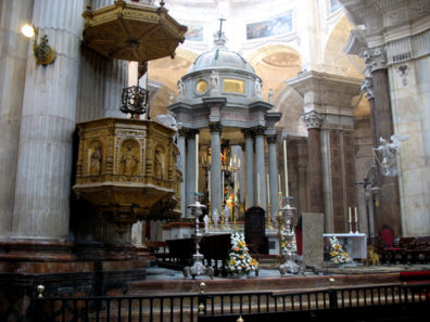 CADIZ: The pulpit and high altar under the dome. An organist was playing beautifully while we were in the church.
