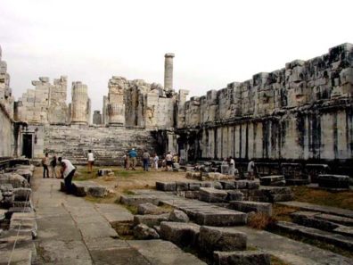 DIDYMA: View from the interior of the temple back toward the entrance, with the two tunnels on either side of the vast staircase. Archeologists figure the walls were once twice as high as they are now. To the right you can make out the foundations of the old inner sanctum, a temple-within-a-temple where the actual fortune-telling took place. Priestesses inhaled smoke and delivered oracles which were interpreted by priests, who delivered the word to visitors. Our guide passed on an entertaining tradition: supposedly the priests always wrote down in the archives the opposite answer to the one they delivered to the visitor. If you were disappointed by the failure of your prophecy and came back to complain, they would say you must have misunderstood or forgotten, and display the contrary advice written down in the archives.