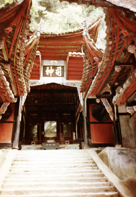 QINGSHEN: Those who didn't want to make the long climb could hire bearers to carry them. We all climbed, but too slowly to suit our guides. We got only to the first of two planned temples. The mountain is covered with them.