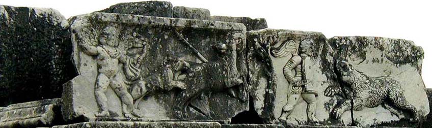 MILETUS: A very Roman subject: little Cupids as gladiators killing animals in the way real gladiators must have done in this very theater.