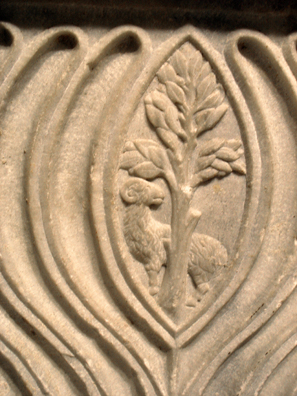 CADIZ: Detail of sarcophagus: ram and tree. In the Museum of Fine Art and Archaeology, Cadiz.