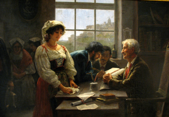 CADIZ: José Rico Cejudo: El contrato de matrimonio (“The Matrimonial Contract”, 1895) depicts a traditional scene of the signing of the register, an act which legalizeds the marriage of the young couple. Note how the notary ogles the bride while the oblivious groom signs in the background. Cejudo was from Sevilla (1864-1939). In the Museum of Fine Art and Archaeology, Cadiz.
