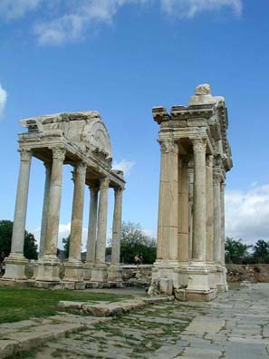 AFRODISIAS: Most archeological sites are rather dusty and rocky, but this one is beautifully landscaped and maintained, thanks to the work of people from New York University. Much later on our trip, in Ankara, we were talking about how much we enjoyed Afrodisias in our hotel when one of the American guests, delighted, told us he was an archaeologist based there.