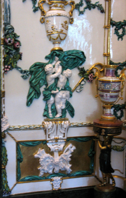 MADRID: A detail from the rococo ornamentation covering the walls and ceiling of the Royal Palace in Madrid, by Jos Gricci.