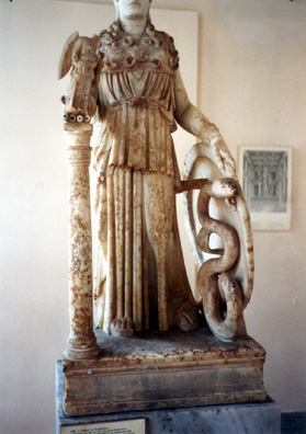 ATHENS: Detail of an ancient model of the colossal statue of Athena originally in the center of the Parthenon, showing the snake inside her shield. (Okay, so I accidentally cut her head off.) In the National Archeological Museum.