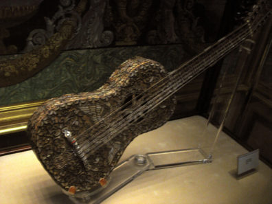 MADRID: A highly ornate guitar in the royal collection of musical instruments in the Royal Palace, Madrid.