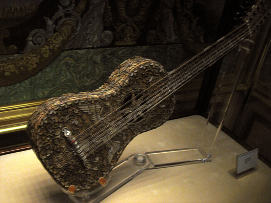 MADRID: A highly ornate guitar in the royal collection of musical instruments in the Royal Palace, Madrid.