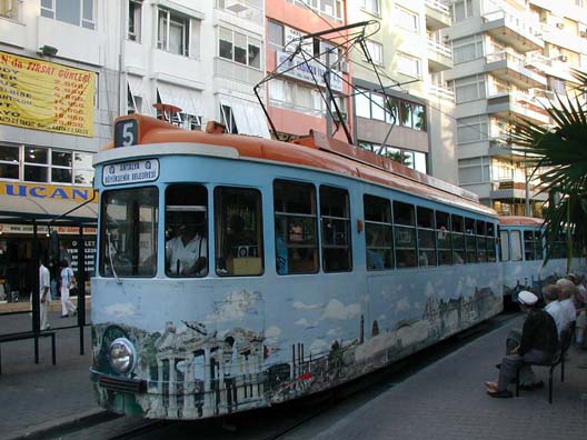 ANTALYA: The Antalya trolleys are covered with depictions of tourist spots. Recognize the gate from Afrodisias on the front of this one?