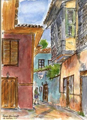 ANTALYA: We stayed at the charming Villa Perla, whose entrance is shown in this little painting we bought from a local watercolor artist just down the street, Omer Gungor. We had chosen Antalya for three days of relaxation, and it proved a perfect choice. We were alarmed when we arrived that night to find the booking agency had never forwarded our reservation and that the hotel was full; but Perla, the owner, welcomed us warmly with a free glass of wine and volunteered her own room for us.
