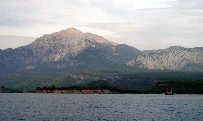 ANTALYA: Paula wanted to spend her birthday in and on the water, and local boats were not offering very interesting outings; so we bought a tour from a travel agent which required a long taxi drive to Kemer, and set out on a boat packed mostly with Russians and Western Europeans which stopped in various places to let people go over the side and swim. Above, the view from the boat traveling west along one of the few stretches of coast that wasn't lined with luxury hotels.