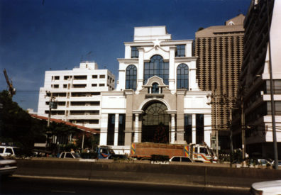 Varied modern architecture in downtown Bangkok, shot from the bus.