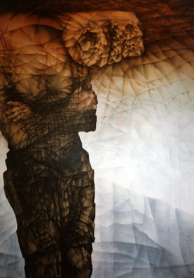 This contemporary painting looks like an interpretation of the traditional subject of the many-headed demon Ravana, from the Ramayana.