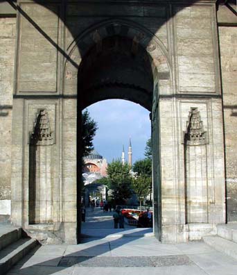 TOPKAPI PALACE: Istanbul's three top attractions are all close together in Sultanahmet. As you look out the gate to the grounds of the Topkapi Palace you can catch a glimpse of Hagia Sophia across the way. The Ottoman Sultans lived in splendid luxury in the Topkapi Palace 1453-1839. The complex grew and was redecorated over the years, evolving into something like the Forbidden City in Beijing, China: a fantastic world where autocratic rulers lived in splendid isolation from the subjects of their vast empire.