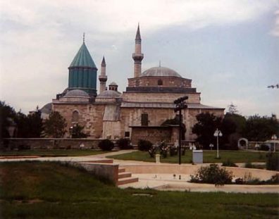 KONYA: This is the view from the other side of the Museum grounds, showing the rose garden where Rumi met the Sufi mentor who inspired many of his finest poems and changed his life: Shams (Mehmet Semseddin Tebrizi). The area where the observance ritual was performed is immediately to the left in this picture. The green dome marks the location of Rumi's Tomb.