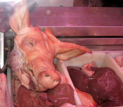 MALAGE: Spaniards are especially fond of pork, and serve it in a wide variety of ways, including evidently pigs’ heads and livers., Mercado Central de Atarazanas.